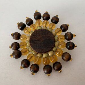 2/$10* Boho BROOCH Beaded Earth Tone Wooden Amber Golden Beads Handmade Rustic
